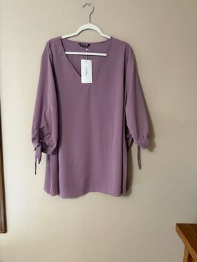 BloomChic Knotted Tie 3/4 Sleeve V Neck Blouse Top Mauve Purple Plus Size 22-24